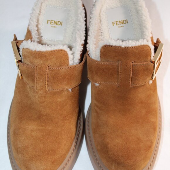 NWOB FENDI Shearling Feel Buckled Heels Slip Ons Mules Clogs Suede Leather 38 - Picture 4 of 8